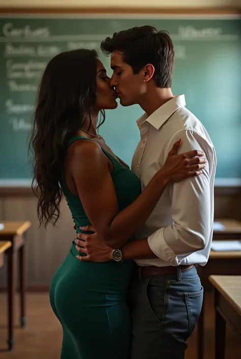 black woman sexy school teacher dress kissing a young white 18 age boy while hugging him in a classroom at school
