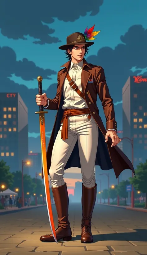 masterpiece,oil painting_baroque+ ultradeailed , Best quality at best, full-body view , 1 full body ,  generate the image in the retro anime style ,  of a man wearing  (( Olympic riding uniform))+(Equitation attire ), brown boots, pantalon negro, camisa bl...