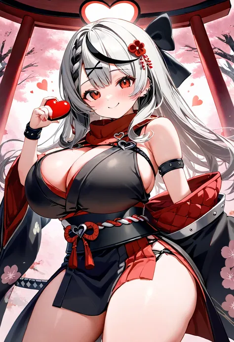 ( top quality  , 8k , masterpiece ),  girl  , young , 1 person , sakamata chloe ,  hololive  , Silver Hair , Big Breasts , smile ,  like heaven ,  red cheeks  , A rich variety of skin tones  , ( ninja , sleeveless, Heart, japanese clothes ,  :1.2) , ( huge...