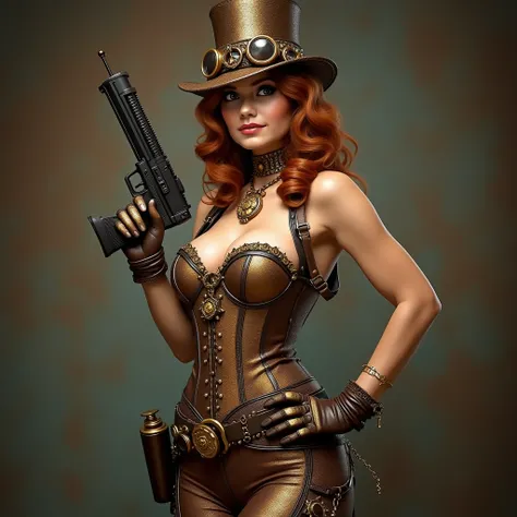 A stunning steampunk detective, Lady Amara Vintressa, standing confidently in a bronze and gold corset-style dress adorned with gears, chains, and glimmering jewels. Her outfit is accessorized with a leather shoulder holster for her stylized ray gun, a pol...