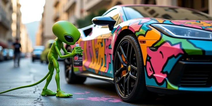 A green alien paints a graffiti inscription on the word DIRTYLABEL on an expensive car in Monaco 