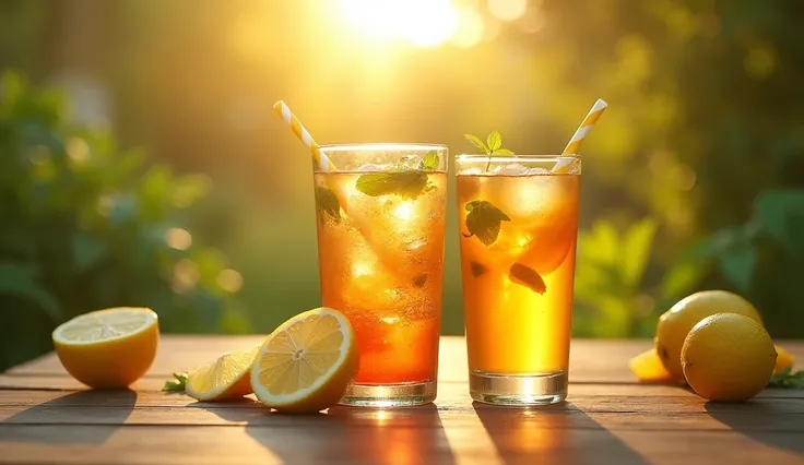 Refreshing iced tea, Sunlit garden table, Lemon slices, Golden hour glow, Bokeh background, Summer afternoon, Outdoor refreshment, Glass tumblers, Wooden table surface, Backyard ambiance, Vibrant citrus, Warm sunlight, Soft focus, Hydration, Relaxation, Cr...