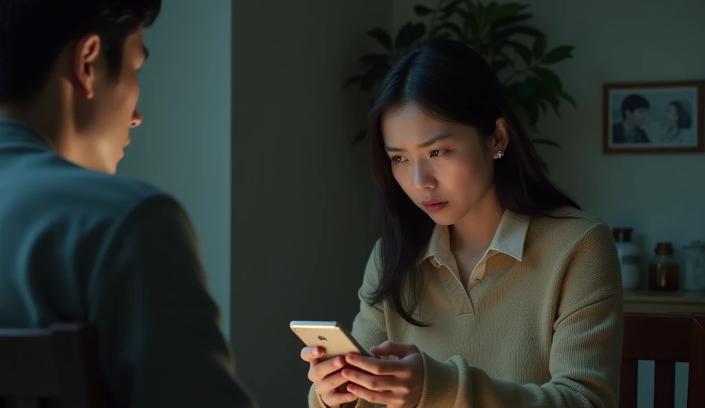  A 30-year-old wife in Taiwan looking at her husbands phone，Husband sits across from her，Wife sad sad 