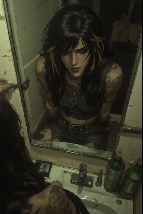 1MALE, emo, black with blond stripes shaggy hair, lip piercings, nose piercings, tattoos, intense eyes, half lidded, Drunk, Nosebleed, From Above, Looking at himself at the mirror, background is a urban dirty bathroom, punk vibes, wearing emo clothes, two ...