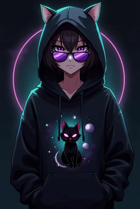 A stylish digital illustration of a mysterious character wearing a sleek black hoodie with cat ears integrated into the hood. The character has a neutral expression and wears futuristic, reflective sunglasses with shades of purple and green. The hoodie fea...