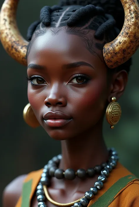 a close up of a woman with horns and a necklace, a character portrait inspired by senior character artist, zbrush central contest winner, afrofuturism, painted in zbrush, futuristic himba teenage girl, futuristic himba young woman, hyperdetailed fantasy ch...