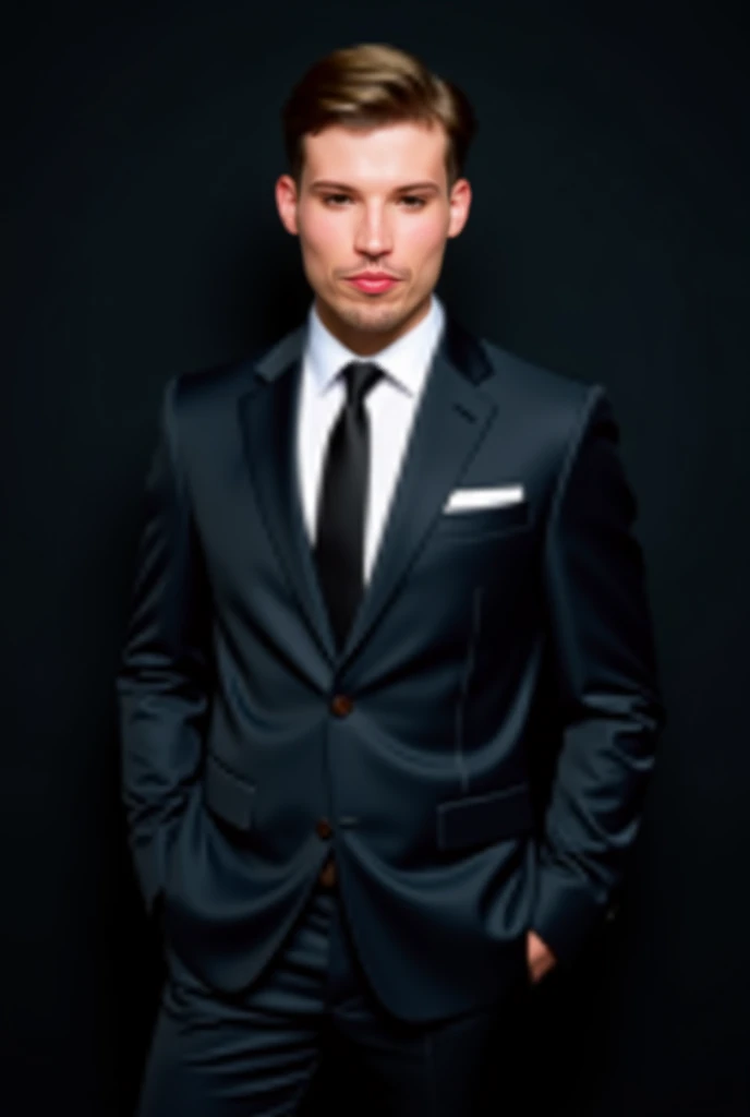 Create a strong young man in a suit with this face in a 3x4 photo with dark blond hair 