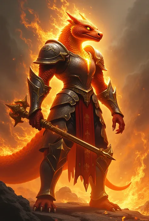 An armored cleric paladin anthropomorphic elemental female fire Orange salamander