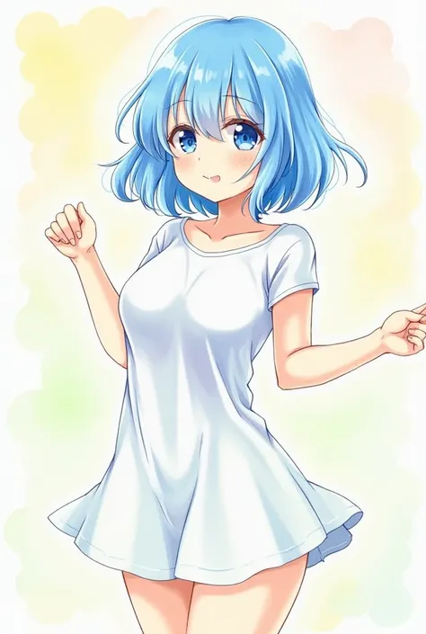 Watercolor, dress,((Fluffy hair ,Blue Hair,hairs between eyes,ahoge)),濃いBlue Hair,noon,sunny, beautiful eyes, expressive eyes ,areme,Round face, expressive face , stare at one point ,Beautiful breasts,Big Breasts,whole body, Medium Hair ,Stare at one point...