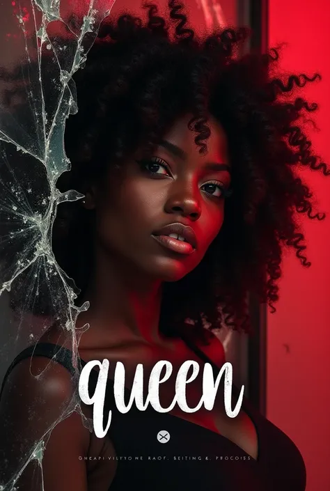 It features a beautiful black woman looking intensely towards the viewer through a shattered window.
The words "Queen" and "Becca" are written in white text on a dark red background.
The broken glass is the focal point of the image, giving the illusion of ...