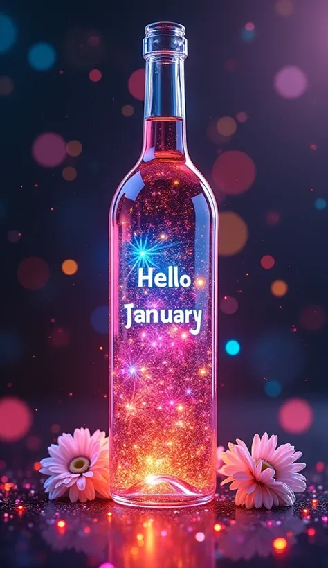 WINE GLASS WITH coloful wine bottle inside fill LAYER BY LAYER VAROIUS RAINBOW COLORS and inside glowing "HELLO JANUARY"and glass, WITH WHITE SMALLET FLOWERS BOQUET WITH HEART SHAPE JEVELARY BOX.masterpiece, fantasy, digital art, highly detailed, overall d...