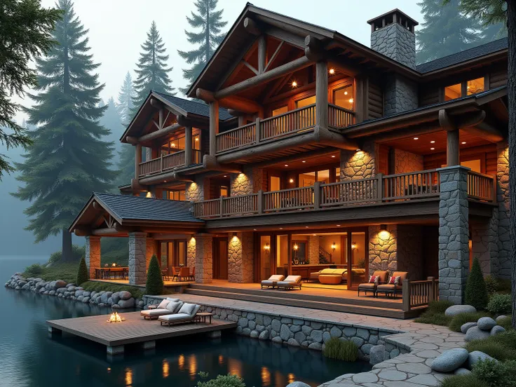 (( in the interior of a luxury very very large log house))), lower floor made of natural stone,upper wooden ,(( rustic terrace )),lighting,A way to a boathouse on the lake, in a romantic forest by a lake,( photorealistic),( high resolution),luxury furnitur...