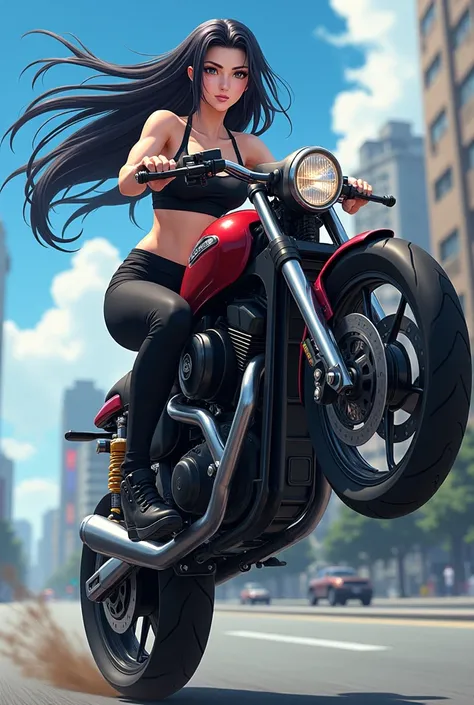 A strong anime girl stunting a whillie gym tight pant black big bra and long black hair riding a motorcycle bike muscle mas and cute handsome face abs anime girl 