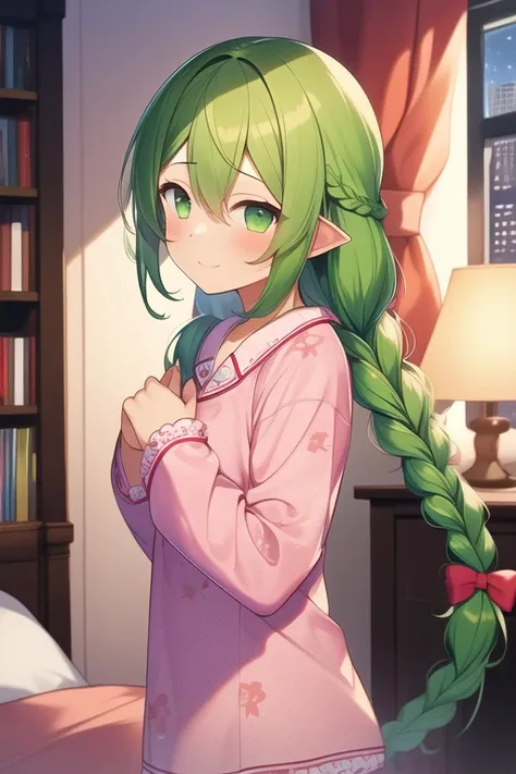 (( top quality )), ((masterpiece)), (  Details),  1 girl、room、night、pyjamas
green hair 、 long、 green eyes、 braid twin tail