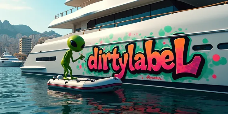 A green alien paints a graffiti inscription on the word DIRTYLABEL on an expensive yacht in Monaco Standing on an inflatable boat