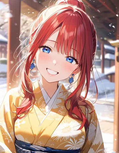 Age 23，         girl 、             redhead、             long hair，             ponytail，       single woman earrings on the neck  ，         upper body， smile ，  意地悪なsmile，Anime Images，winter，     excited ，   girl の部屋の中，，  blue eyes，，January，Japan， Adult，ki...