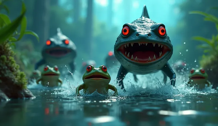 A dramatic 3D cartoon scene of menacing black piranha fish with sharp teeth and glowing red eyes swimming quickly toward a frog family in a river."
