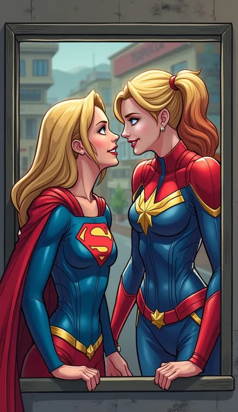 Prompt:
"A funny and lighthearted scene of Supergirl and Captain Marvel peeking through a window. They look surprised and amused as they watch Joker doing Harley Quinn’s makeup and sharing a kiss. Supergirl is wearing her iconic blue and red costume with a...