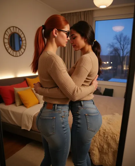  A winter evening at night and starry sky in the bedroom .  The focus is on the big apple-shaped butt. You have wide hips .  A redheaded European Russian girl with a long pony tail hairstyle and you always wear modern glasses with a wide black border, and ...