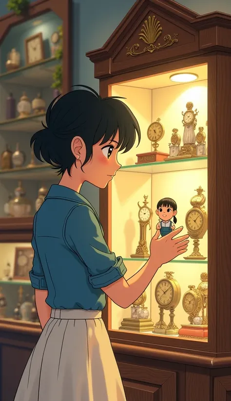 A young woman wearing a denim shirt, a white skirt, a dashing hair, is picking up a vintage pocket figurine that is in a mirror cabinet in a watch shopAsk for a cartoon picture ghibli