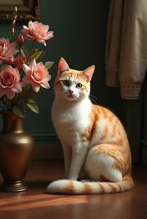  cat is sitting on the floor 、 there is a vase next to it 。,  Photorealistic Paintings Inspired by Frédéric Goodall,  CG Society Contest Winner by Tom Scott  , Baroque, Classy cat, A captivating composition, A bowl filled with gorgeous composition, Soft se...