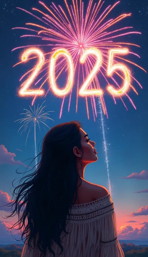 Drawing of an indigenous , long black hair, Watching fireworks in the sky where is it written "2025"