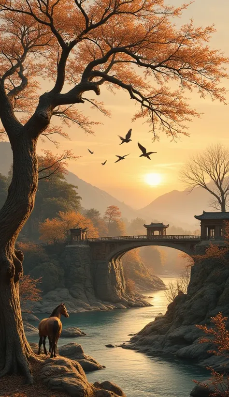 a detailed, high quality ancient Chinese painting of an aged, gnarled grapevine with dried, withered leaves, surrounded by a small bridge over a flowing stream, with an old, simple dwelling in the distance, as a cold western wind blows, and the sun sets, c...