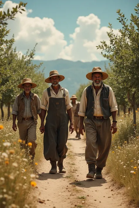 poor Italian peasants , with different ages and physiognomies from each other , Poor and with clothes patched up and soiled with dirt, In 1930,  very happy to see your almond plantation blooming and lush,  many birds flying ,  close on peasant men wearing ...