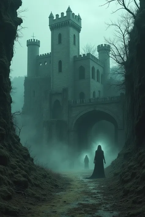 "A haunting 8k image of a haunted castle in a desolate landscape, with its towers crumbling, vines overtaking its walls, and spectral figures drifting through the hallways."

