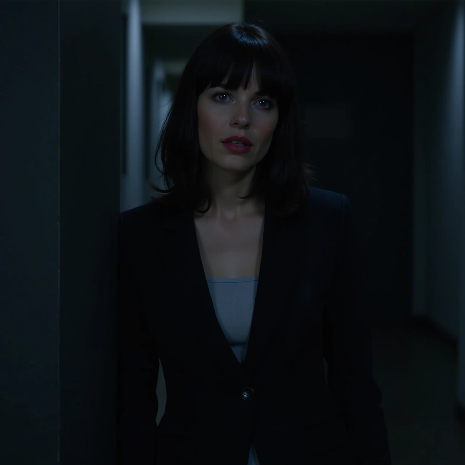 In a dimly lit corridor ,  the black-haired, blue-eyed woman is leaning against the wall,  wearing a fitted blazer set .  Her gaze is deep and focused on the camera .