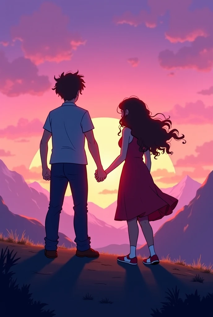 Make a Pokémon-style drawing of a couple ,  a has long brown curly hair and the BOY WEARS GLASSES and has curly brown hair.  They are holding hands on a mountain with a purple sunset , they are the same height 