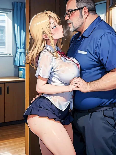 ( One Girl ,  fat middle aged man:1.2),   high school girl,student,uniform, cosplay,  miniskirt, , ({{kissu), (),  office,  very detailed,  high res, 4K, masterpiece,  high res、( my clothes are see-through :1.2)、Big Breasts, knee-high socks,Mature Woman, c...