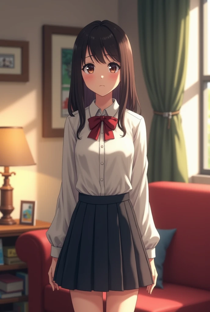 a girl with the school uniform with the background of a room