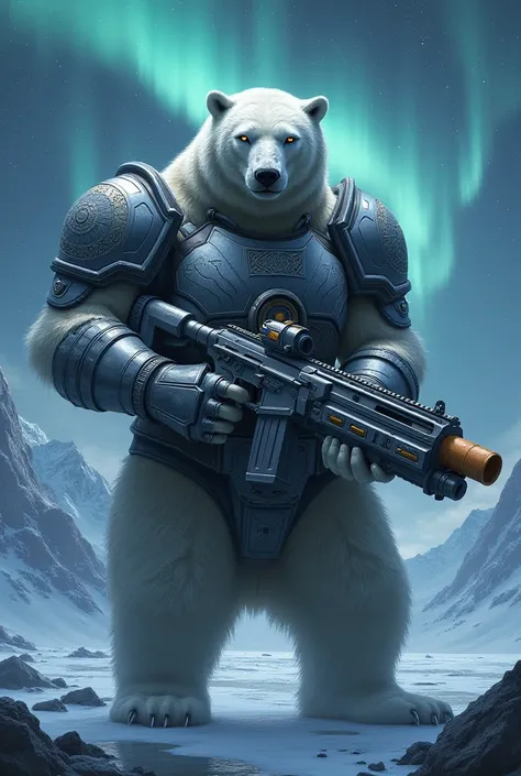 Polar bear with armor and firearm under the night 