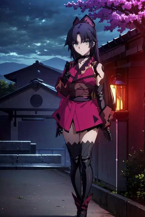 One Girl Kato Danzo（Fate）, Ufotable style , Machine Hands and Joints, Assassin 3 ,Mecha,kimono, under a cherry tree ,night, viewers perspective,smile