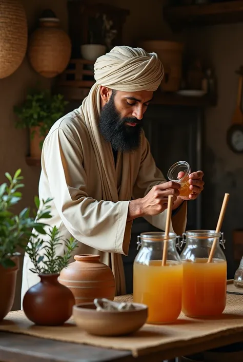 I want a photo of an Muslim man making apple cider vinegar and the GRIWA logo on top of the photo.