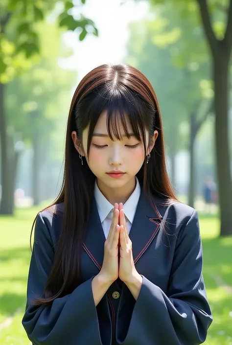 A highly detailed, ultra-realistic image of a Japanese schoolgirl in a traditional long-sleeved uniform, kneeling in a posture of deep prayer. Her hands are clasped together, eyes gently closed, with an expression of hope and devotion. Above her, a large a...