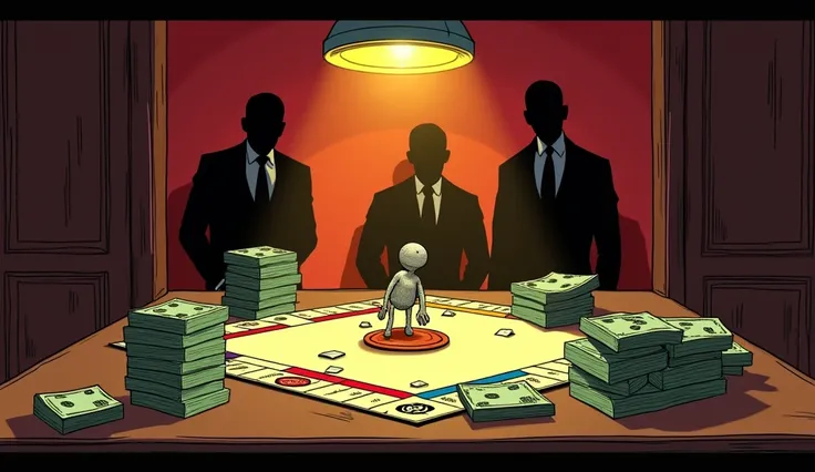 image comic style, A table with stacks of cash and stolen Monopoly game pieces, illuminated by a single overhead light, with two shadowy figures behind it, one staring at the camera, high quality, realistic colors, street light in gold and red tones, intri...