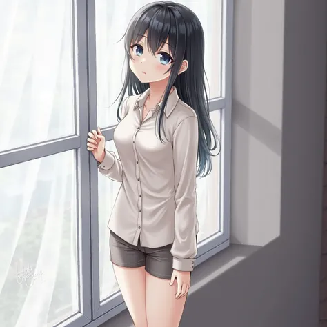 Leaning against a large window with light curtains ,  the black-haired and blue-eyed woman wears a silk blouse and shorts,  looking out with a thoughtful expression .