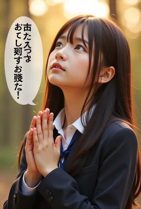 An ultra-high-resolution portrayal of a Japanese schoolgirl in a detailed long-sleeved uniform. She is captured mid-prayer, her hands clasped tightly as she gazes upward with a hopeful expression. The scene is bathed in warm natural light that enhances the...