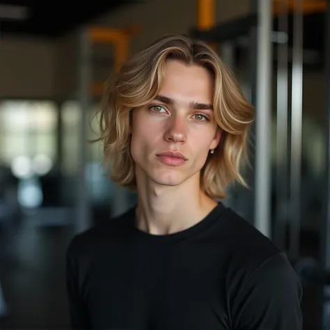 Cute hot sexy light olive-skinned petty 20-years-old male boy with light golden blonde mid-length wavy hair, his hairstyle is classic bob haircut his golden strands falling to the end of his jaw, and his almond expressive amber eyes, along his peachy full ...