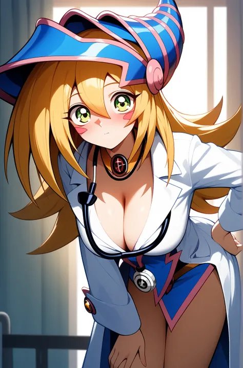 masterpiece,best quality,{{detailed beautiful face and eyes}}, 
Dark Magician Girl,{{{megami magazine}}},long hair,blonde hair,wizard hat,green eyes,large breasts,
(((1girl:1.2))),(is embarrassing,big blush,closed mouth,steam:1.0),((doctor costume,stethosc...