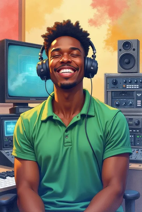 Watercolor-themed drawing of a young black man on a large radio station smiling in a green polo shirt smiling with his eyes closed 