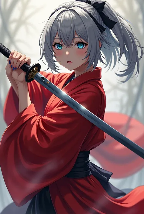 In demon slayer art style
A demon slayer holding a peach black katana with medium gray hair wearing a red and white kimono  and have ocean blue eyes