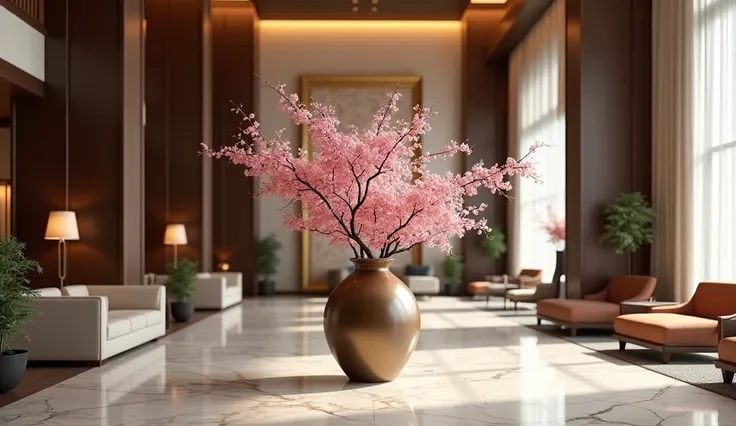 a modern luxurious lobby interior image, in a simple style, warm colors. There is a large vase of Japanese cherry blossoms in the middle of the room