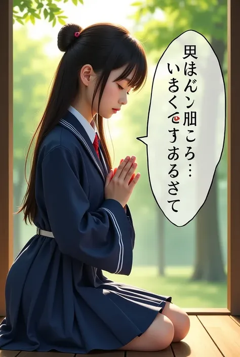 A highly detailed, ultra-realistic image of a Japanese schoolgirl in a traditional long-sleeved uniform, kneeling in a posture of deep prayer. Her hands are clasped together, eyes gently closed, with an expression of hope and devotion. Above her, a large a...