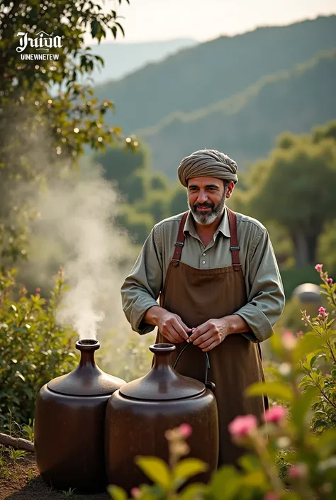 I want a photo of an Arab man making apple cider vinegar in nature and with the GRIWA logo at the top of the photo.