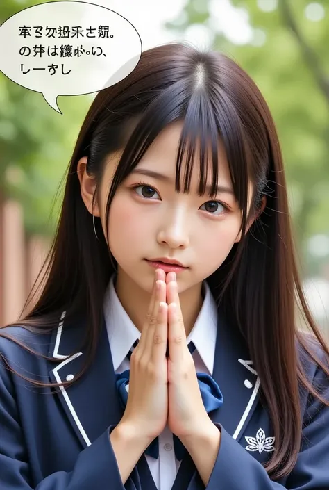 A highly detailed, ultra-realistic image of a Japanese schoolgirl in a traditional long-sleeved uniform, kneeling in a posture of deep prayer. Her hands are clasped together, eyes gently closed, with an expression of hope and devotion. Above her, a large a...