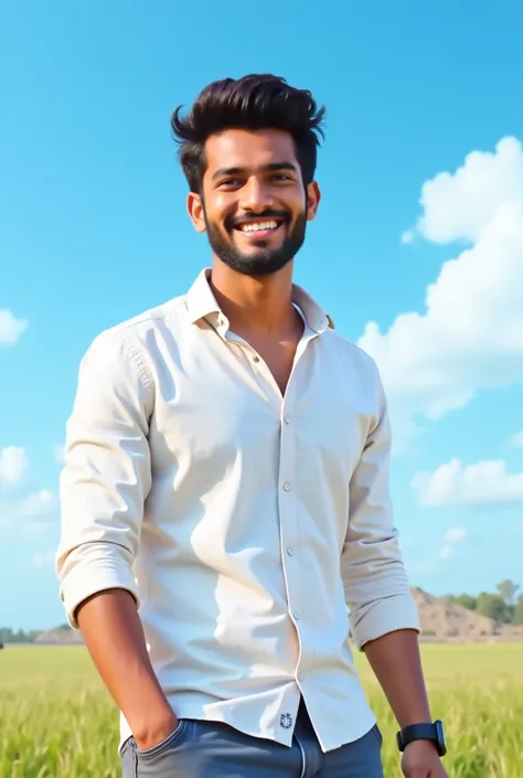 "A realistic portrait of a 25-year-old Indian man with a clean-shaven face and a neatly trimmed beard, smiling warmly. He has wavy, well-styled hair and is wearing a modern wristwatch. The background features a bright blue sky with scattered white clouds, ...