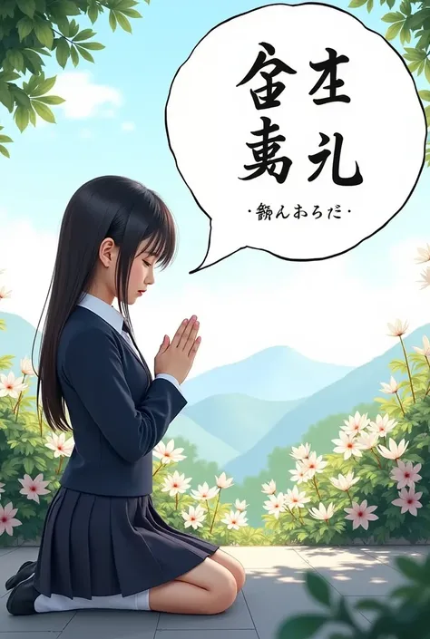 Masterpiece-quality illustration of a Japanese schoolgirl wearing a long-sleeved school uniform, sitting gracefully on her knees in prayer. Her expression is serene and hopeful, illuminated by gentle natural light that creates soft shadows on her face and ...